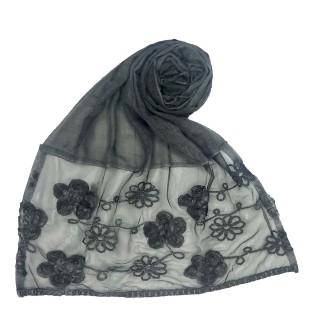 Embroidered cotton hijab with floral design- Dark Grey